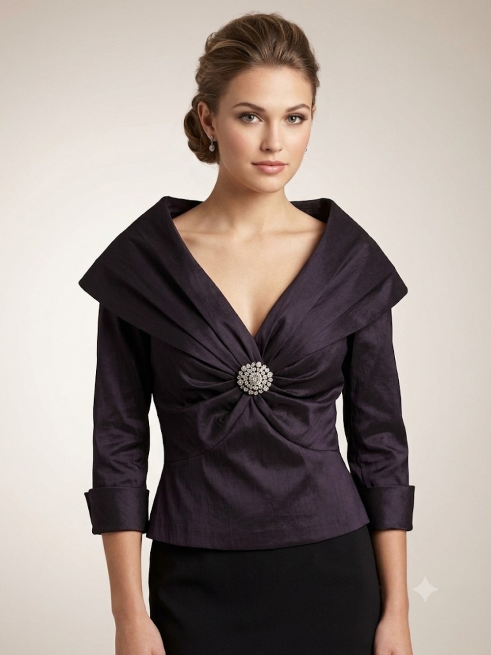 Satin Deep Purple V-Neck Draped Blouse with Brooch